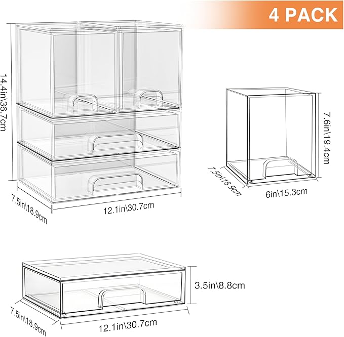 TOOGE Stackable Baby Bottle Organizer: Acrylic Bottle Organizer Baby Storage Drawers Clear Bottle Station Organization for Countertop Cabinet Vanity with 4 in 1 Cup Lid Cleaning Brush & Label - Wide