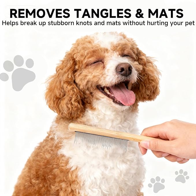 Bamboo Undercoat Rake & Deshedding Comb for Dogs & Cats - Cat & Dog Brush & Dematting Tool for Matted Fur, Pet Grooming Kit with Fur Comb & Flea Comb for Shedding Control