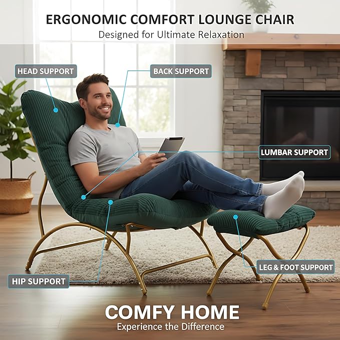 Welnow Modern Accent Chair with Ottoman, Upholstered Comfy Lounge Recliner Sofa, Thick Cushion Oversized Lazy Reading Chair with Footrest for Living Room, Bedroom, Apartment, Office, Dorm, Dark Green