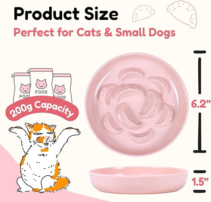 2 Pcs Cat Slow Feeder Bowl for Dry & Wet Food - Unbreakable Melamine Cat Food Plates for Slow Eating - Cute Kitten Bowl - Whisker Friendly & Dishwasher Safe & Non Slip Design (Blue + Pink)