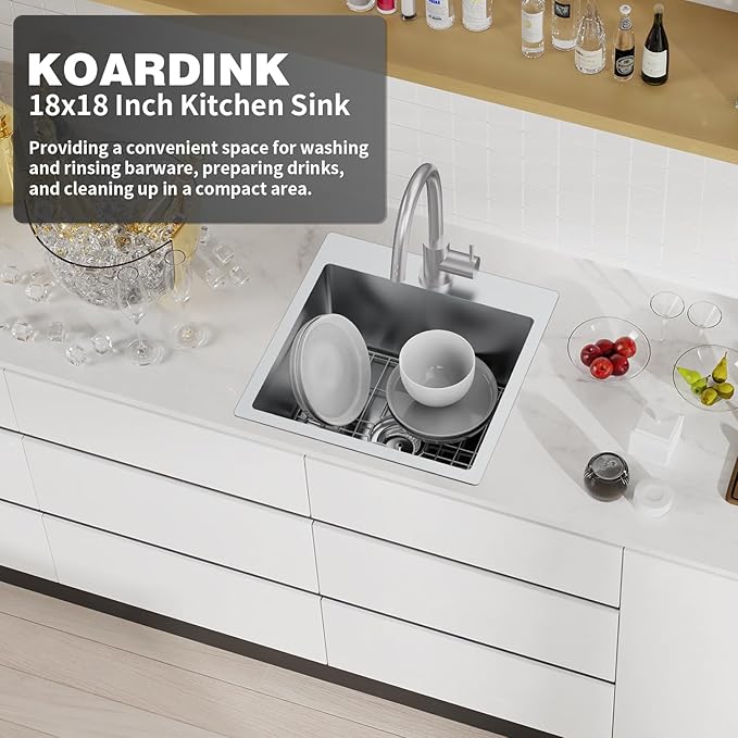 Kitchen And Bar Sink, 18x18 Inch Stainless Steel Drop In Modern Single Bowl Small Kitchen And Bar Sink Combo-SS Grid,Silicon Mat,Drain Strainer Set Compatibility With Various Modern&Classic Style