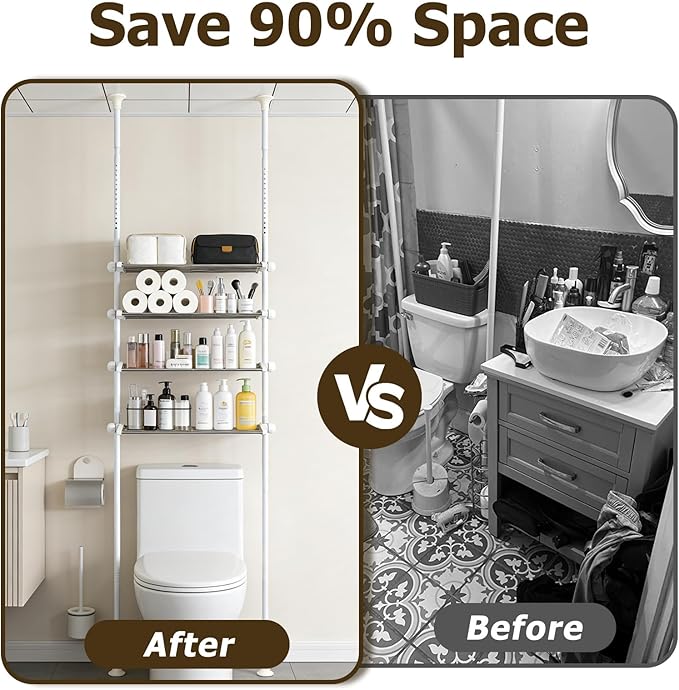 4 Tier Over The Toilet Storage 97-116” Over Toilet Bathroom Organizer with Adjustable Shelf Slim Behind Toilet Shelf for Toilet Paper Towel Plants (White)