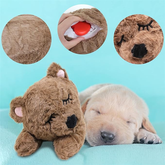 3T GROUP Puppy Heartbeat Toy Sleep Aid Dog Heartbeat Stuffed Animal Bear Toy for Puppy Essentials Anxiety Relief Plush Pillow Calming Aid Comfort Toys for Dogs(Coffee)