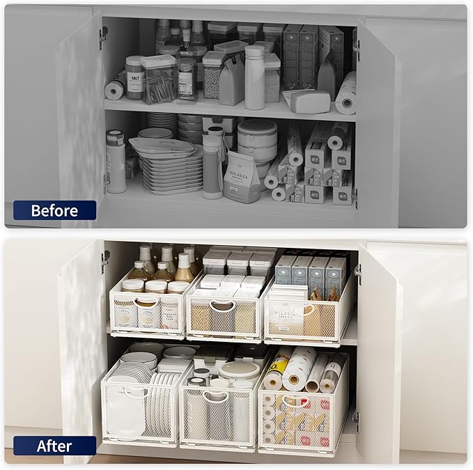 2 Pack Pull Out Cabinet Organizer, No Drill Adhesive Sliding Drawers for Kitchen, Metal Mesh Wire Storage Shelf for Pantry & Under Sink, White (9.6" W x 15.7" D x 8.4" H)