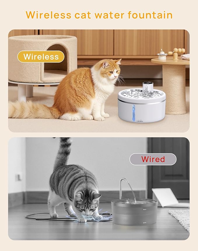 Wireless Cat Water Fountain with Stainless Steel Tray, 84oz/2.5L Pet Water Fountain for Cats Inside, Cat Fountain for Drinking with Motion Sensor, Ultra Quiet Pump for Pets& Small Animals (White)