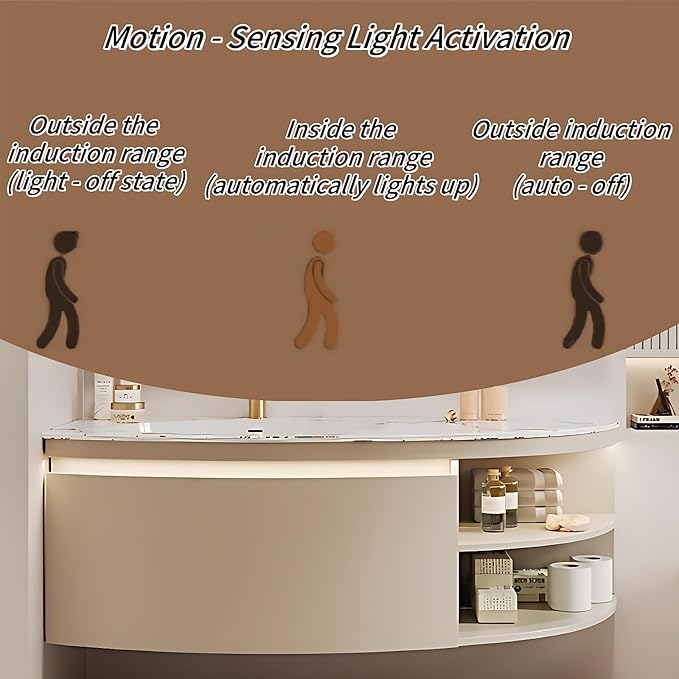 52IN Floating Bathroom Vanity, Wall Mounted Wood Sink Cabinet with Smart Sensor LED Light Strip & Open Style Side Cabinet | LED Lights & Defogging Function, Single Sink Vanities Set (Beige)