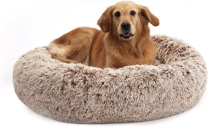 Bedfolks Calming Donut Dog Bed, 36 Inches Round Fluffy for Large Dogs, Anti-Anxiety Plush, Machine Washable (Brown, Large)