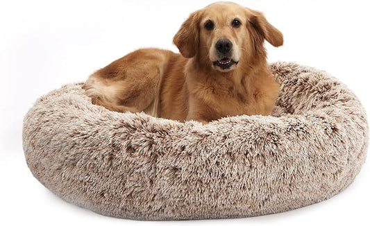 Bedfolks Calming Donut Dog Bed, 36 Inches Round Fluffy for Large Dogs, Anti-Anxiety Plush, Machine Washable (Brown, Large)