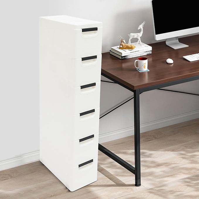 6 Drawers Plastic Storage Cabinet, Mobile Slim Utility Cart on Wheels, for Narrow Space Office Classroom Bedroom Bathroom (White)