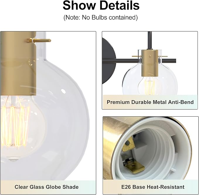 4 Light Bathroom Vanity Light, Black and Gold Light Fixtures, Sconces Wall Lighting with Glass Shade, Modern Brushed Vanity Lights for Bedroom, Hallway,Bathroom Lighting Fixtures Over Mirror