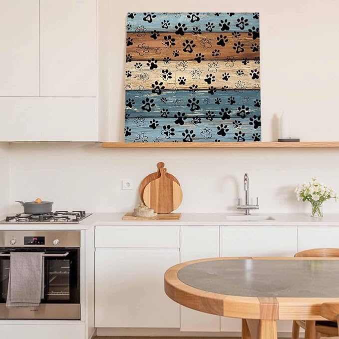 Framed Canvas Wall Art for Living Room Dog Paw Print Wall Decor, Retro Brown Mist Blue Wood Grain Aesthetic Paintings for Bedroom Office Kitchen Bathroom, Ready to Hang Wall Pictures 16x16 Inch