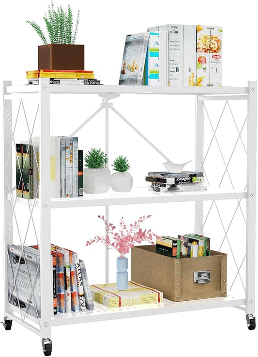 3-Tier Foldable Storage Shelf with Wheels | Metal Rack Collapsible Shelving Display | Rolling Cart for Books Kitchen Storage Shelves | Pantry & Closet Organizer | Office Room Decor