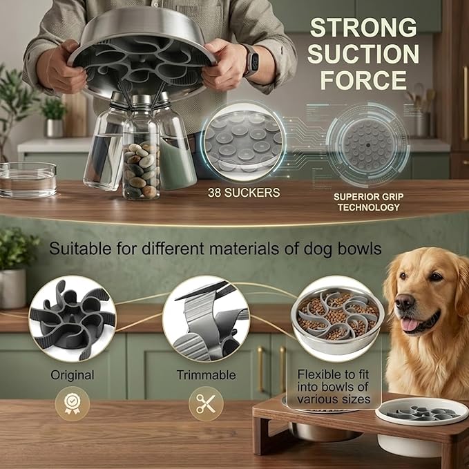 2-in-1 Dog Slow Feeder Insert and Lick Mat Set, Silicone Pet Licking Pad with Suction Cups, Slow Feeding Bowl Insert for Wet & Dry Food, Grey