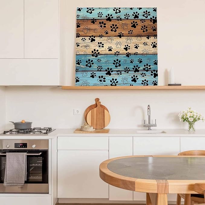 Framed Canvas Wall Art for Living Room Dog Paw Print Wall Decor, Retro Brown Teal Blue Wood Grain Aesthetic Paintings for Bedroom Office Kitchen Bathroom, Ready to Hang Wall Pictures 16x16 Inch