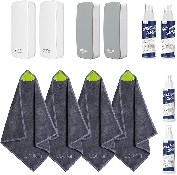 loukin | Magnetic Cleaning Cloth 4 Pack & Magnetic Dry Erase Eraser (Gray*2, White*2) & Whiteboard Cleaner (3.4 fl oz) 4 Pack