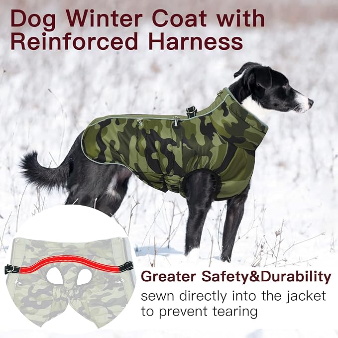 Medium Dog Coat - Warm Zip Up Snowsuit Dog Harness Vest, Reflective Water-Resistant Dog Jacket for Medium Dogs - Camouflage