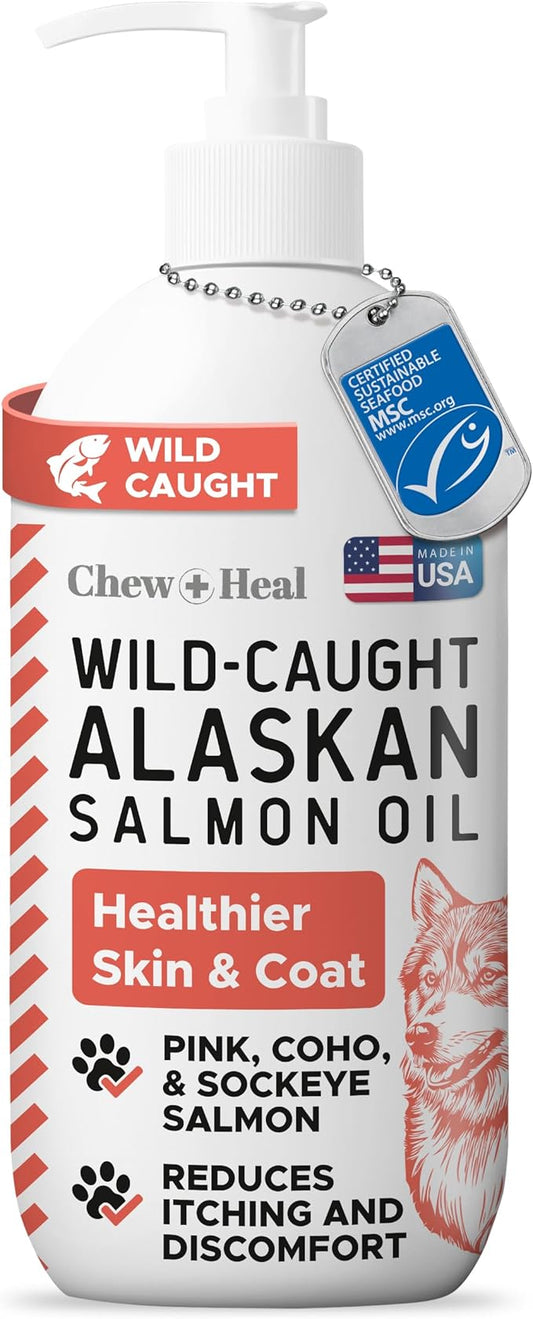 Wild Alaskan Salmon Oil for Dogs & Cats 16 oz - Omega 3 Dog Fish Oil Liquid, EPA DHA for Skin & Coat, Itch Relief, Shedding & Joint Health - MSC Certified, Made in USA, Pump Bottle - Chew + Heal