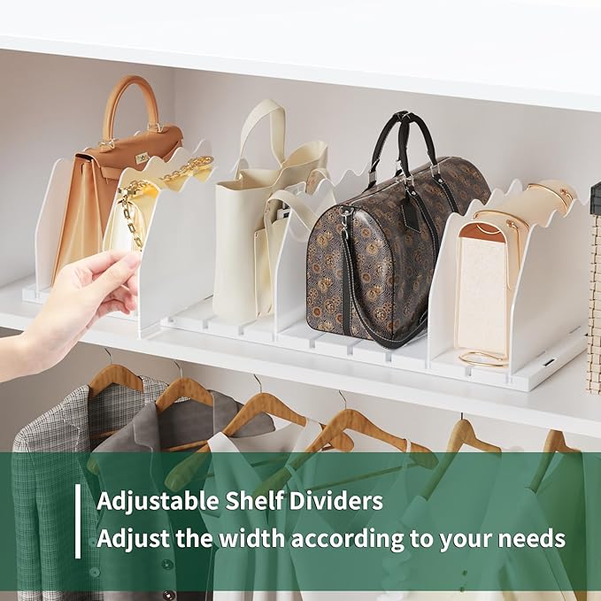 SPACEKEEPER Shelf Divider for Closet, Adjustable Purse Organizers Handbag Separators Storage Organizer Bookshelf Separator Dividers in Bedroom Office Kitchen Bathroom, White