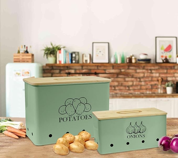 Potato Onion Kitchen Storage Canisters,Storage Bin For Kitchen 2 Pack Set,potatoe, Potato Storage Box，storage And Long Shelf Life With Aerating Tin Storage Holes-Green