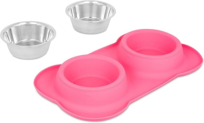 Internet's Best Bone Dog Bowl Set | Double Stainless Steel Pet Food Large Water Bowls | No Spill Silicone Stand | Large Medium Breeds | Pink