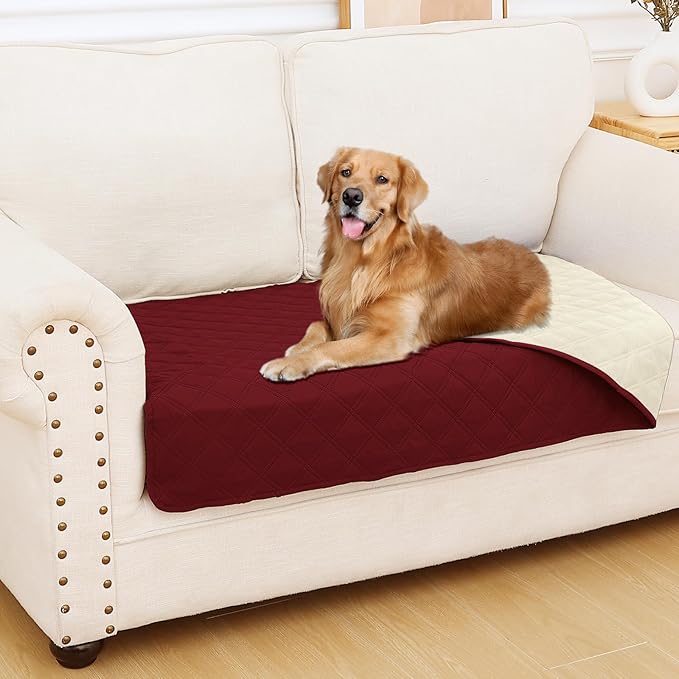 Smiry Waterproof Dog Bed Cover Pet Blanket, Soft Washable Dog Blanket for Furniture Bed Couch Sofa Reversible, Checkered (30"x53", Wine Red/Beige)