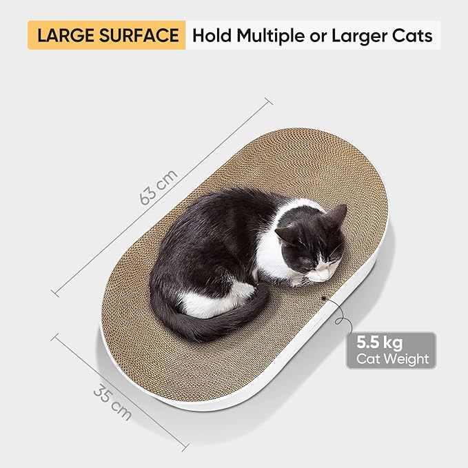 Cat Scratcher, 63x 35 x 10cm Oval Corrugated Cardboard Scratch Pad, Round Cat Scratching Lounge Bed Sofa, Cat Scratcher Bowl with Organic Catnip [ Home Clean Design with Scratcher Box]