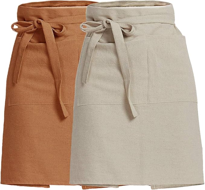 Cityelf Linen Server Apron Cotton Bistro Half Apron with Large Pockets Waist Kitchen Apron for Cooking Waitress