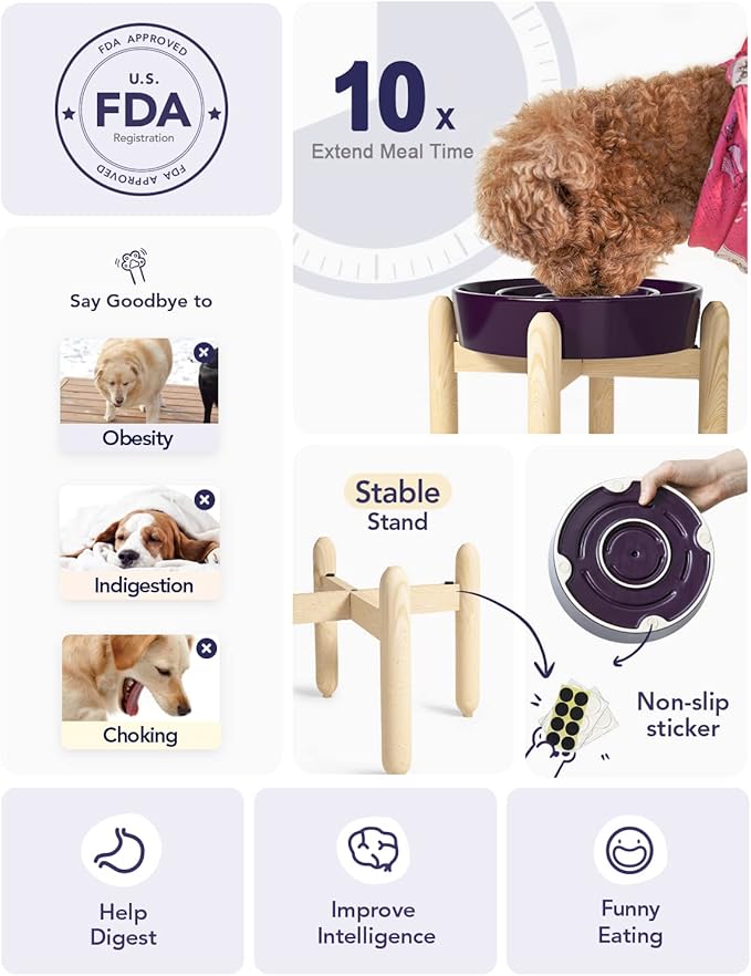 LE TAUCI Ceramic Slow Feed Raised Dog Bowls with Wooden Stand, Anti-Gulping Pet Feeding Dishes for Medium Dogs, Non-Slip, Easy to Clean, 8 Inch