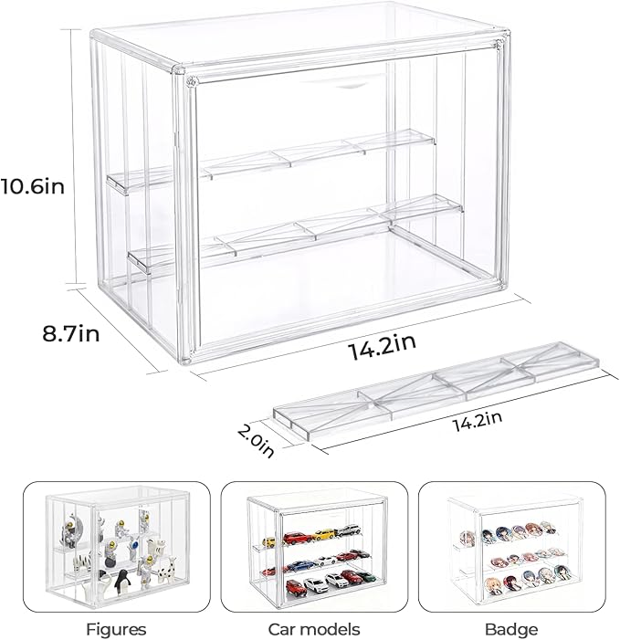 Clear Acrylic Display Case for Collectibles 3 Layer Adjustable Figure Display Box with 2 Movable Plates, Stackable Figurine Display Shelf with Magnetic Door for Action Figures, Funko (Large-1pcs)