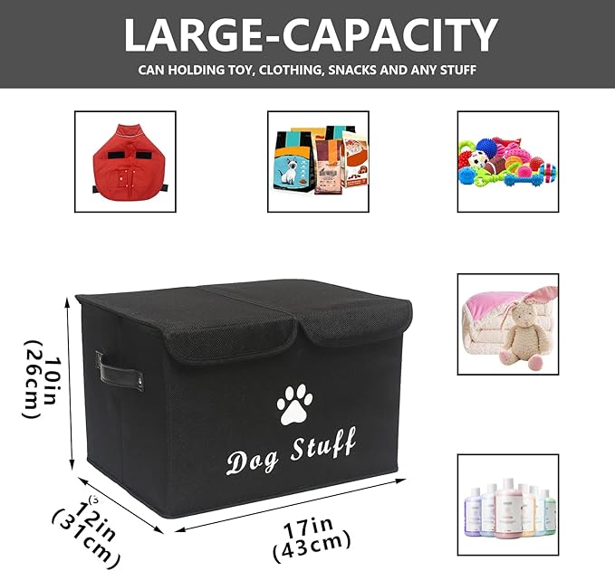 Morezi Large Dog Toy Storage Box with Lid Basket Organizer - Perfect Collapsible Bin for Living Room, Playroom, Closet, Home Organization - Dog - Black