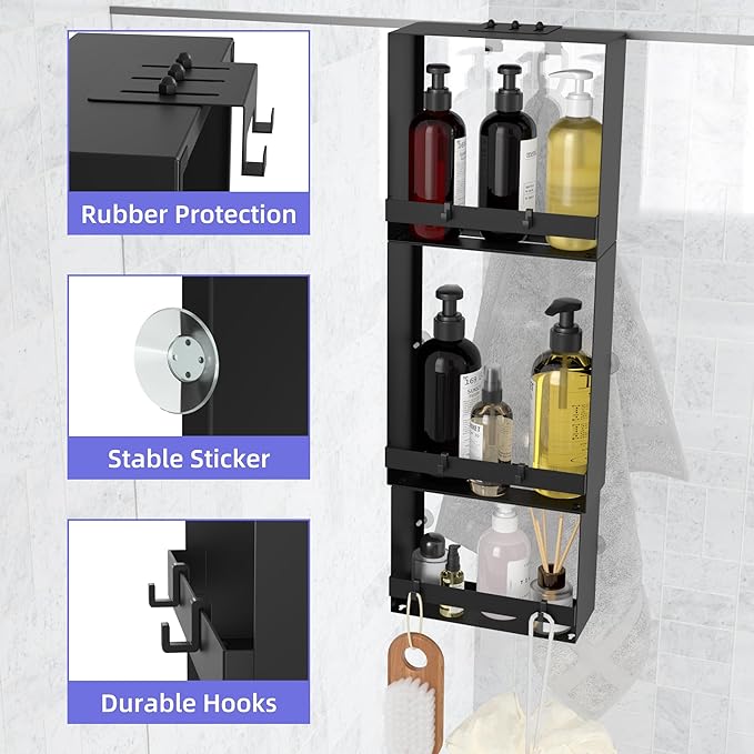 Over the Door Shower Caddy Hanging, 3 Tier Stainless Steel Hanging Shower Caddy with 8 Hooks & 4 Suction Cup, Bathroom Organizers and Storage Rack, Bathroom Decor Shelves Holds Shampoo, Towel - Black