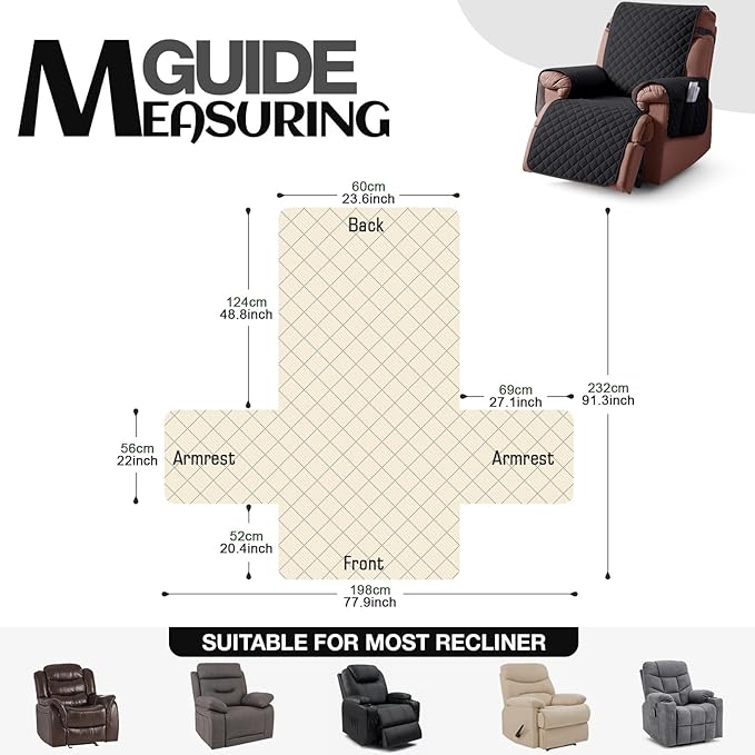 KinCam 100% Waterproof Recliner Chair Cover, Reclining Couch Covers for Pets, Dogs, Recliner Couch Slipcover Furniture Protector with Elastic Straps for Kids(23.6", Black)
