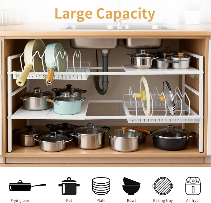 Pots and Pans Organizer Under Cabinet, Expandable Length, Adjustable Height Under Sink Shelf 2 Tier with 10 Dividers Under Sink Organizer, Pot and Pan Lid Holder Rack (White)