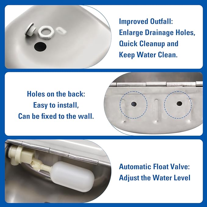 Stainless Steel Automatic Livestock Waterer Dog Waterer Bowl Upgraded Bottom Drain Hole with Water Hose (3/4'') and Float Valve and Two Expansion Screws, for Cattle Horse Goat Sheep Animals Pet