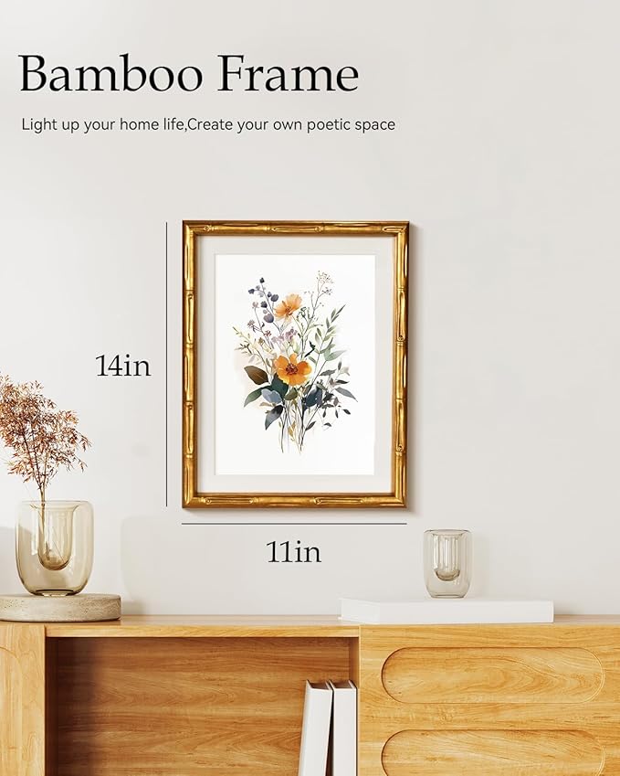 Gold Bamboo Style Framed Floral Canvas Wall Art, Elegant 11x14 Inch Botanical Flower Print, Modern Soft Illustration Watercolor-Inspired Artwork, Bedroom Entryway Bathroom Decor