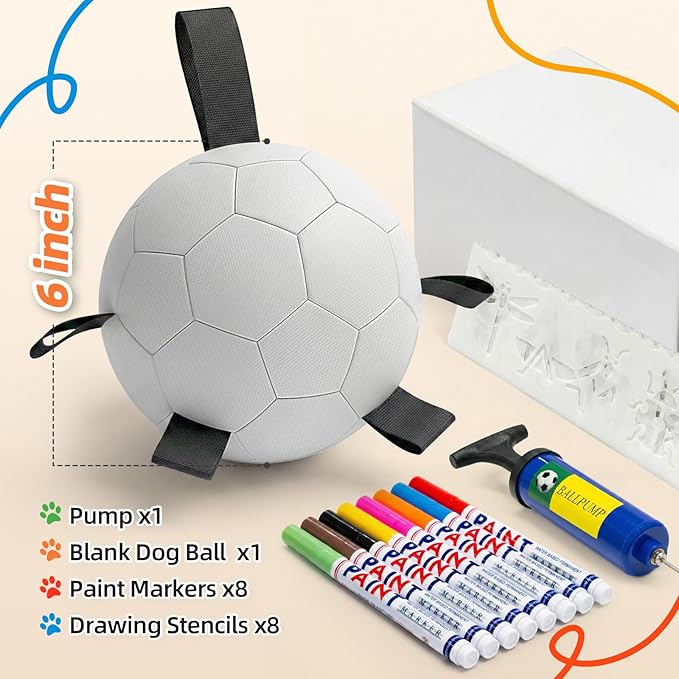 HETOO Dog Soccer Ball with Straps, DIY Paintable Dog Toy Ball Kit with 8 Color Markers,Personalized Interactive Dog Toys for Small Medium Dogs Puppies,6 Inch Birthday Gift Pet Toy
