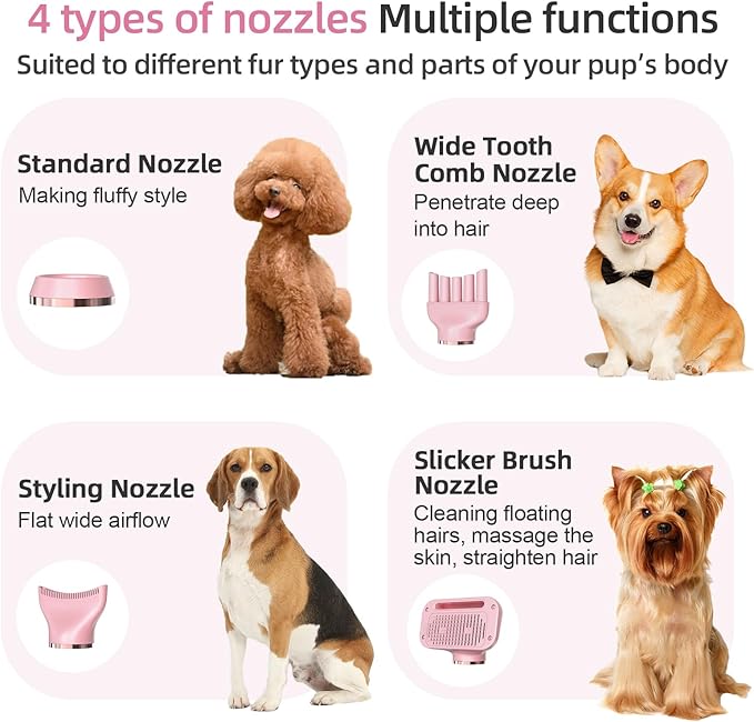 Dog Hair Dryer with Slicker Brush, Dog Dryer for Pet Grooming, High Velocity Dog Blow Dryer for Dog Grooming Supplies Low Noise Pet Dryer Grooming Salon Home Use, Pink