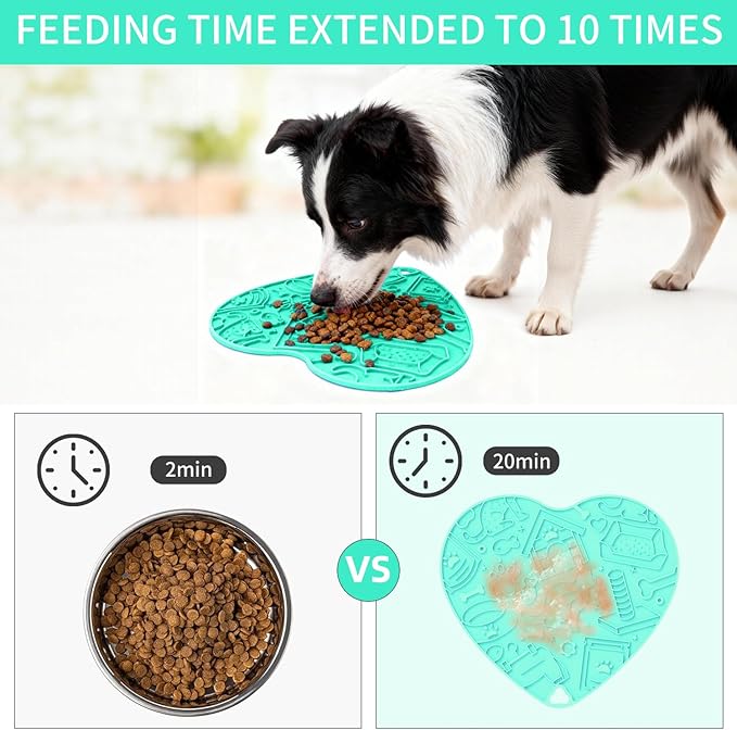 Silicone Slow Feeder Dog & Cat Bowl with Suction Cups – Non-Slip Fun Pattern for Dogs and Cats, Interactive Pet Enrichment Bowl, Treat Eating Feeder, Heart-Shaped Mat Compatible (Mint)