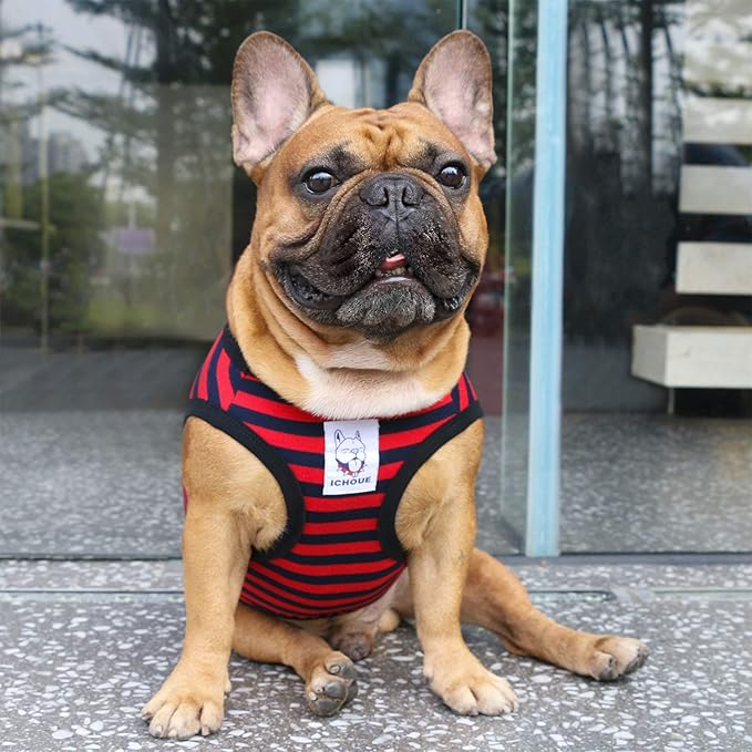 iChoue English Bulldog 100% Breathable Cotton Striped T Shirts Halloween Vest Clothes for Medium Dogs Tank Tops French Frenchie Pug Boston Terrier Pitbull Red Blue Stripes - XLarge