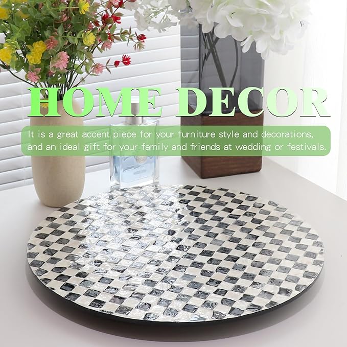 13.8" Mother of Pearl Lazy Susan Turnable Organizer, 360 Degree Round Table Countertop Decorative Spinning Tray for Kitchen Cabinet Counter Spice Pantry Dinner Table (Checkerboard)