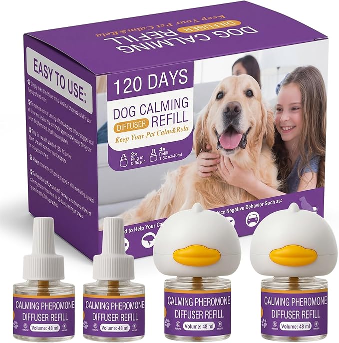 Dog Calming Pheromones Diffuser 6 in 1 Kit Appeasing Pheromone Diffuser to Calm (2 Plug in+4 Pack 48ml Refill) for Anxiety Relief Reduce Aggression Fighting Barking Stress 120 Day