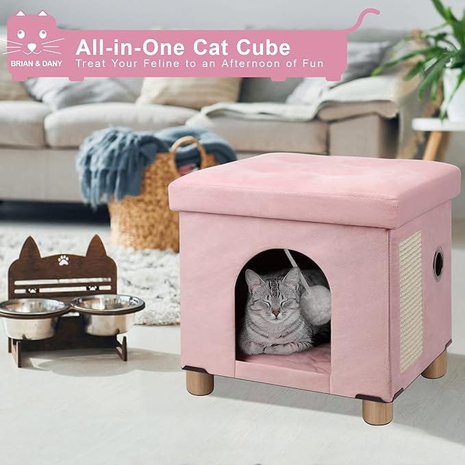 BRIAN & DANY Foldable Cat House, Cat Cave, Cat Cube with Scratch Board & Ball, 12.5" x 14.5” x 14.1”, Pink