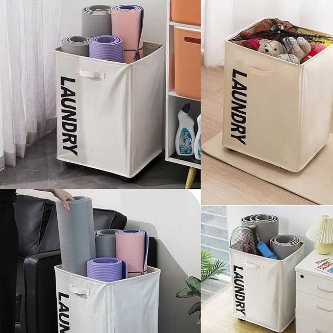 Laundry Hamper with Wheels 85L Large Collapsible Laundry Basket, Waterproof Dirty Clothes Hamper with Mesh Bag for Dorm Room Storage, Foldable Narrow Corner Clothes Storage Bins, Black