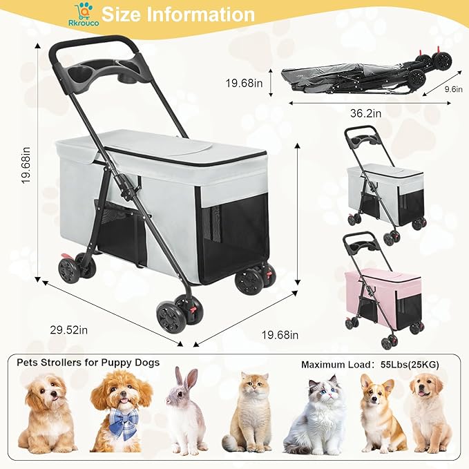 Foldable Pet Stroller for Small Medium Cat Dogs Portable Pets Carriers Strollers with 4 Wheels Up to 55Lbs Puppy Strolling Cart Travel (Gray)
