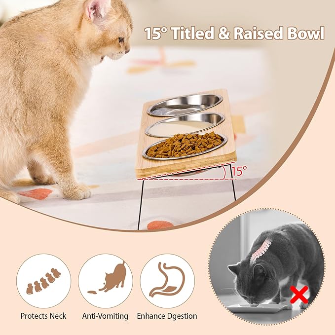 Elevated Cat Bowls for Cats and Puppies, Whisker-Friendly 15° Tilted Raised Cat Food Bowl, Anti-Vomiting Design with 3 Stainless Steel Dishes