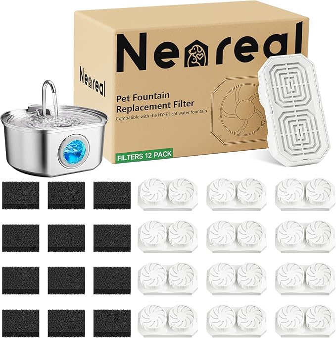 Cat Water Fountain Replacement Filters & Pre-Filter Sponges Compatible with 74oz/2.2L Stainless Steel Pet Fountain (12 Filters & 6 Sponges)