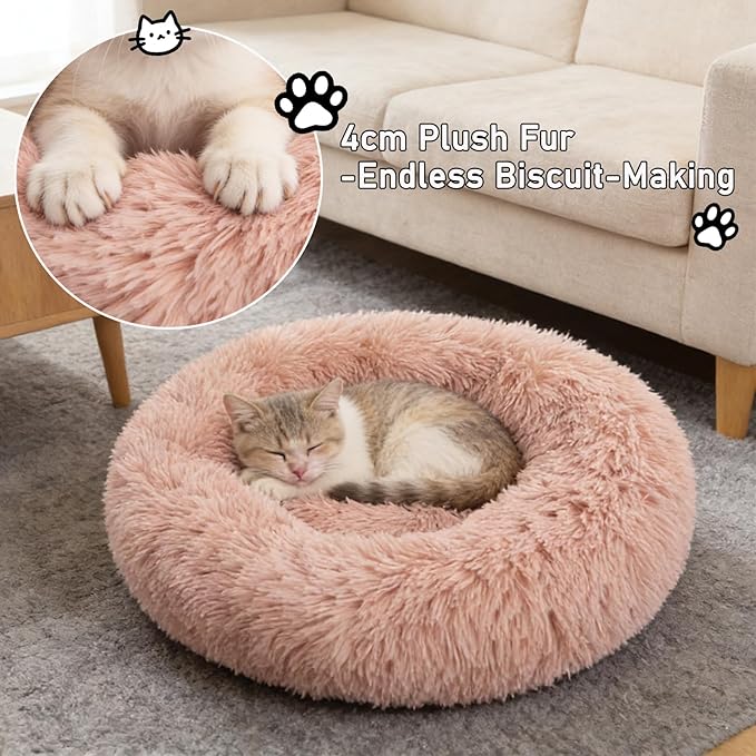 Calming Donut Dog Beds Large Sized Dog - Washable Removable Cover Non-Slip, Round Pet Bed Warming Fluffy Plush Faux Fur Anti-Anxiety Thick Cushion, Fits up to 80 lbs (Blush, 36")