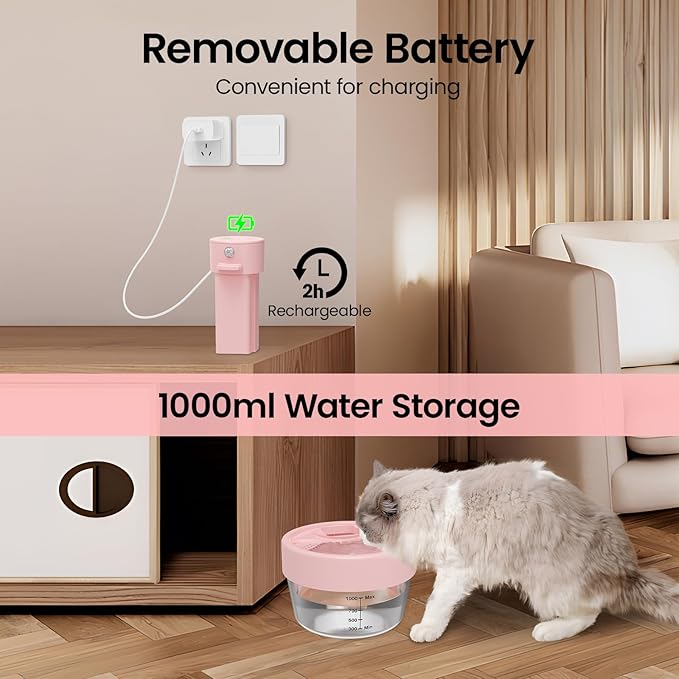 MASBRILL Cat Water Fountain, 1L Wireless Water Fountains for Cats Indoor - Battery Operated Cat Fountains for Drinking with Filter/Motion Sensor/Silent Pump