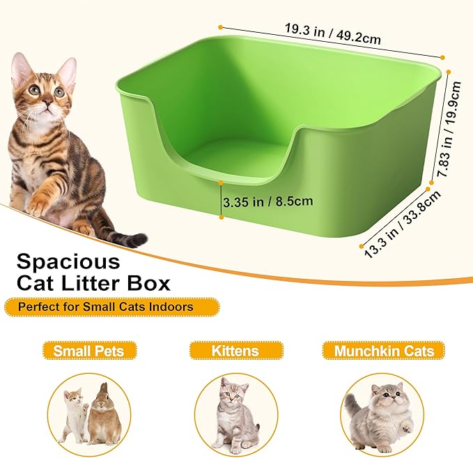 Low Entry Cat Litter Box with High Sides - Open-Top Anti-Splash, Durable Easy-Clean Pan for Kittens, Munchkin Cats, Senior Medium-Sized Cats & Small Pets (Rabbits), 19.3”x13.3”x7.8” Green