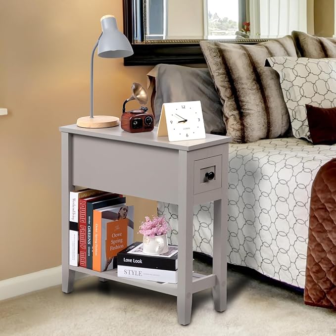 Grey Chairside Narrow End Table, Solid Recliner Side Table with Drawer, Slim Nightstand Bedside Table for Living Room Bedroom